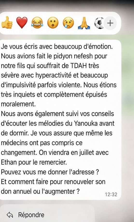 Message WhatsApp reçu : des parents racontent la transformation de leur fils après le Pidyon Nefesh.
